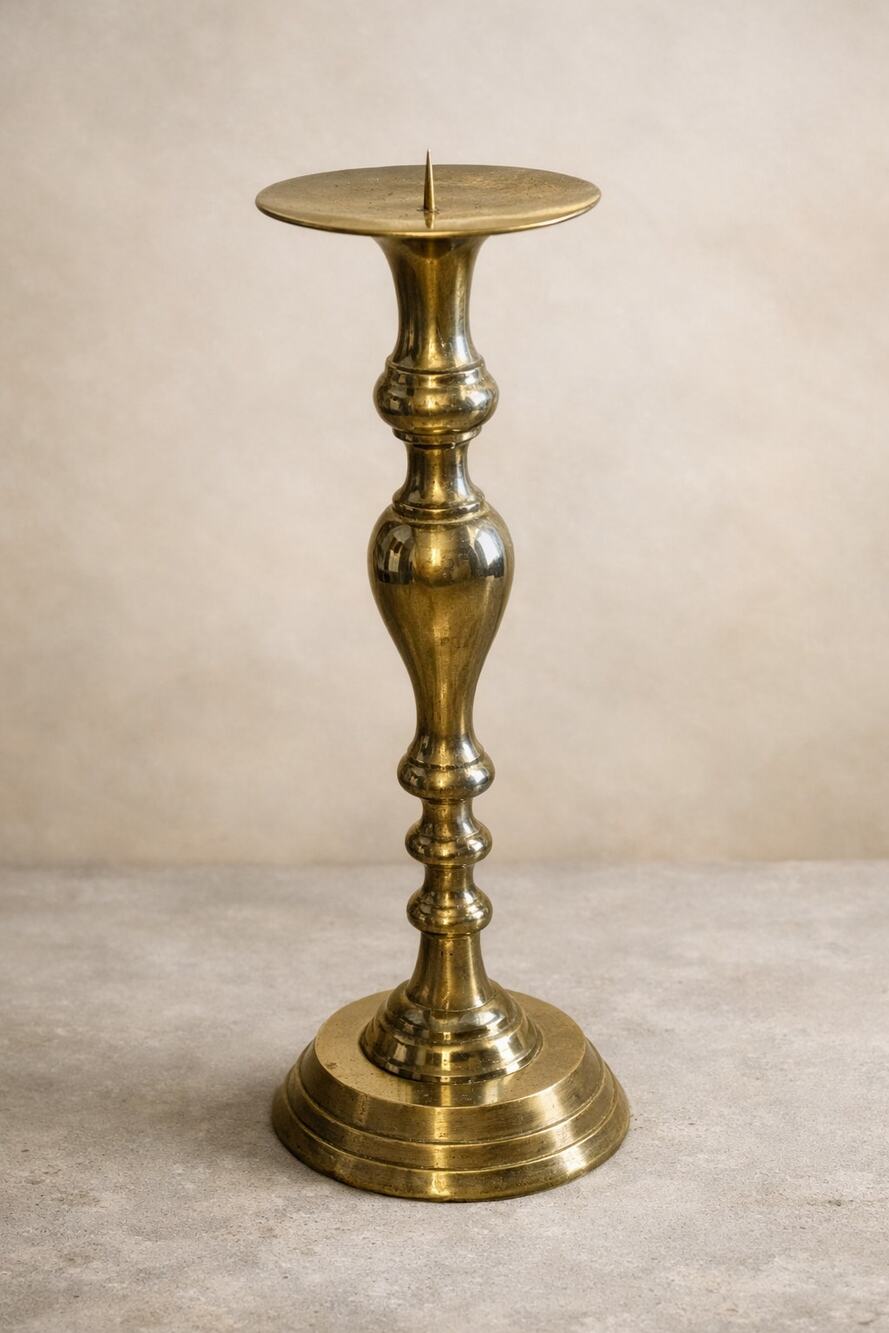 Brass Pillar Candle Holder 18.25 inch Spike Plate Made in India Vintage